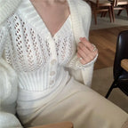 Women Hollow Sweater Cardigan Outerwear V Neck Button Knitted Tops Jackets nowadaysfashion