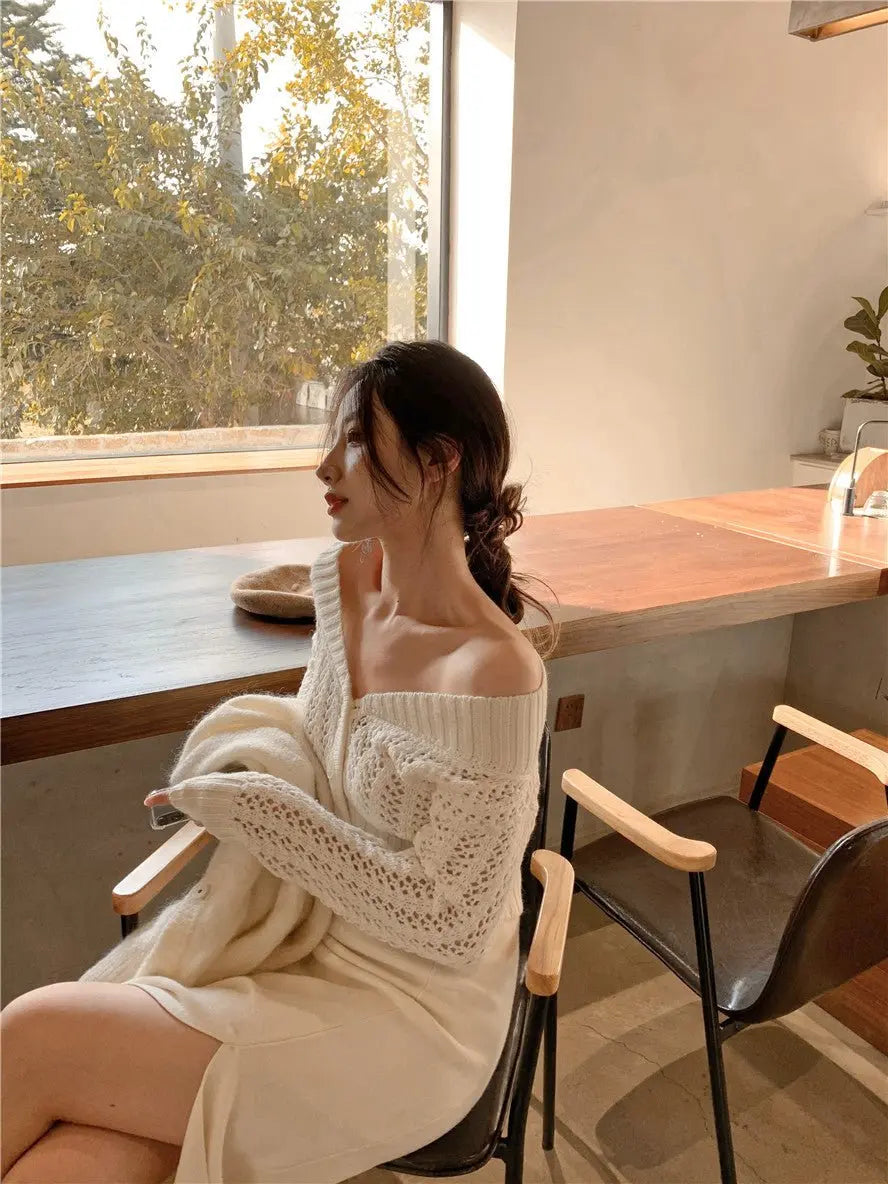 Women Hollow Sweater Cardigan Outerwear V Neck Button Knitted Tops Jackets - Blade & Thread