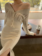 Women Hollow Sweater Cardigan Outerwear V Neck Button Knitted Tops Jackets nowadaysfashion