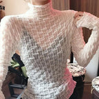 Women Lace Mesh High Collar Bottom T-shirts Female Long Sleeve Casual Style Tight Thin Tops nowadaysfashion