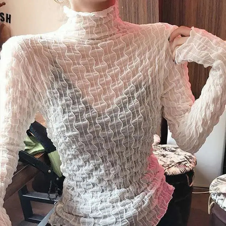 Women Lace Mesh High Collar Bottom T-shirts Female Long Sleeve Casual Style Tight Thin Tops nowadaysfashion