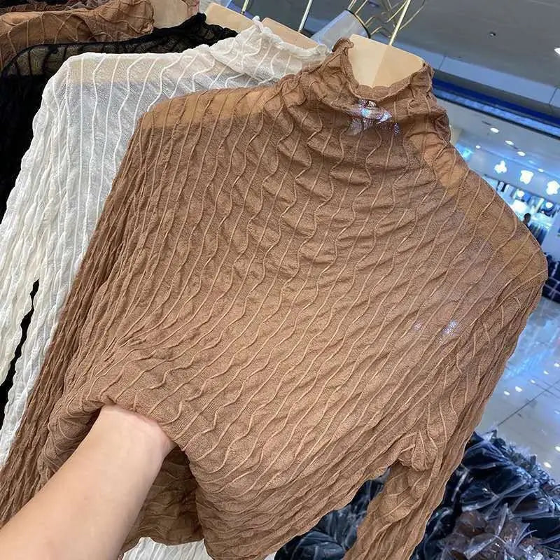 Women Lace Mesh High Collar Bottom T-shirts Female Long Sleeve Casual Style Tight Thin Tops - Blade & Thread