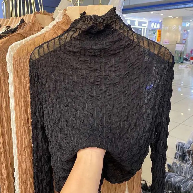Women Lace Mesh High Collar Bottom T-shirts Female Long Sleeve Casual Style Tight Thin Tops nowadaysfashion