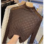 Women Lace Mesh High Collar Bottom T-shirts Female Long Sleeve Casual Style Tight Thin Tops nowadaysfashion