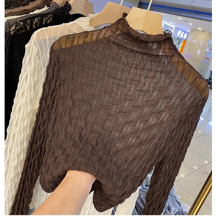 Women Lace Mesh High Collar Bottom T-shirts Female Long Sleeve Casual Style Tight Thin Tops - Blade & Thread