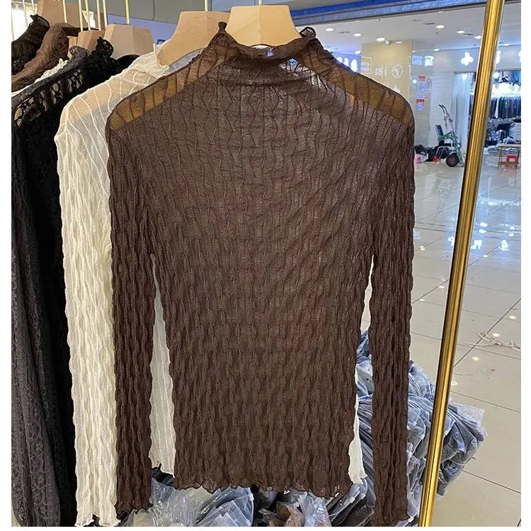 Women Lace Mesh High Collar Bottom T-shirts Female Long Sleeve Casual Style Tight Thin Tops - Blade & Thread