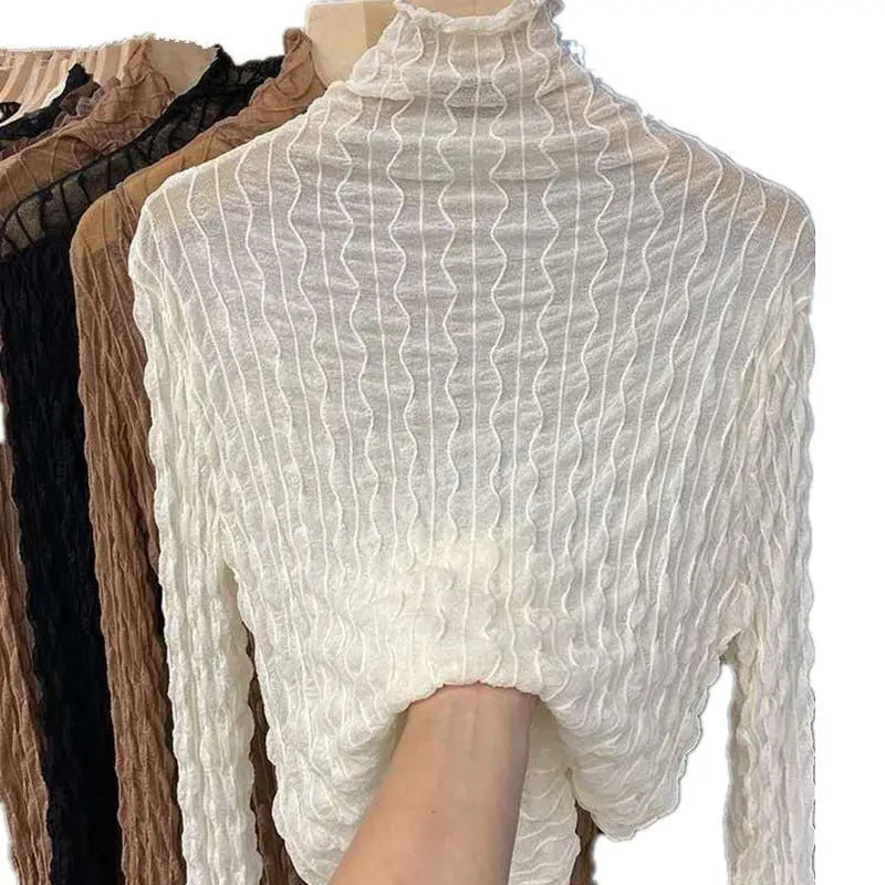 Women Lace Mesh High Collar Bottom T-shirts Female Long Sleeve Casual Style Tight Thin Tops - Blade & Thread