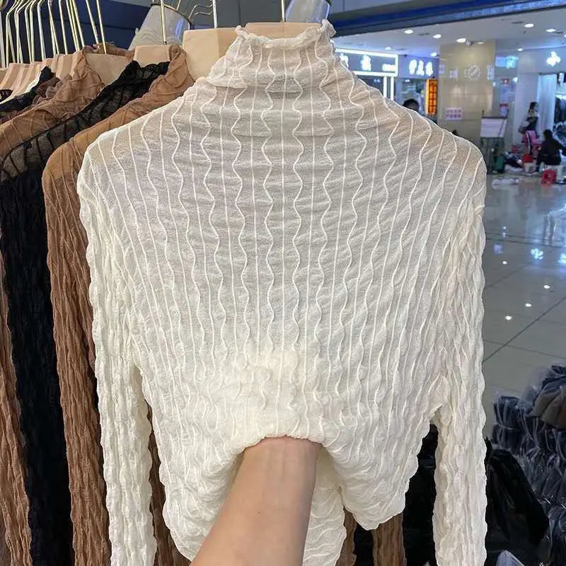 Women Lace Mesh High Collar Bottom T-shirts Female Long Sleeve Casual Style Tight Thin Tops - Blade & Thread