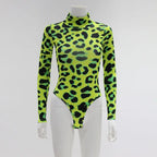 Women Long Sleeve Leopard Skin Prinetd Bodysuit Sexy Neon Green Streetwear Jumpsuit nowadaysfashion