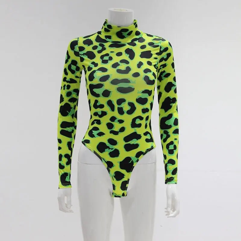 Women Long Sleeve Leopard Skin Prinetd Bodysuit Sexy Neon Green Streetwear Jumpsuit - Blade & Thread