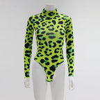 Women Long Sleeve Leopard Skin Prinetd Bodysuit Sexy Neon Green Streetwear Jumpsuit nowadaysfashion