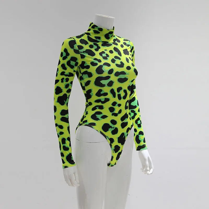 Women Long Sleeve Leopard Skin Prinetd Bodysuit Sexy Neon Green Streetwear Jumpsuit - Blade & Thread