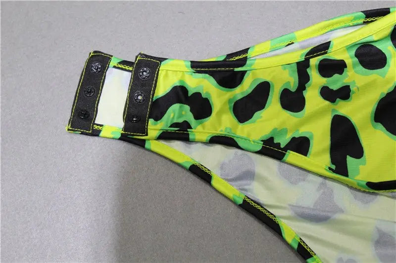 Women Long Sleeve Leopard Skin Prinetd Bodysuit Sexy Neon Green Streetwear Jumpsuit - Blade & Thread