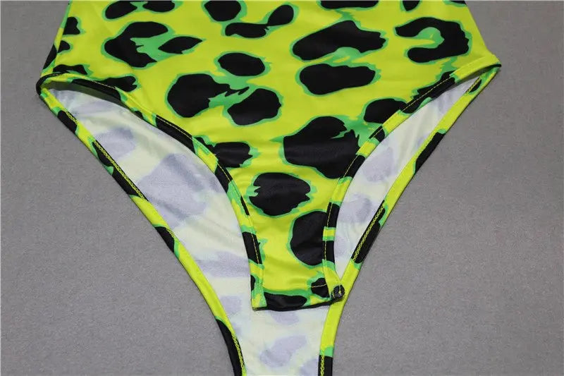 Women Long Sleeve Leopard Skin Prinetd Bodysuit Sexy Neon Green Streetwear Jumpsuit - Blade & Thread