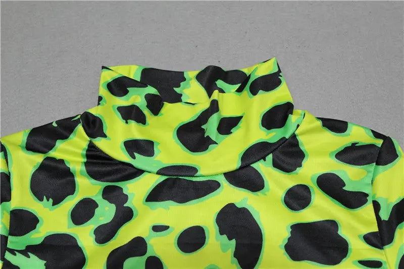 Women Long Sleeve Leopard Skin Prinetd Bodysuit Sexy Neon Green Streetwear Jumpsuit - Blade & Thread