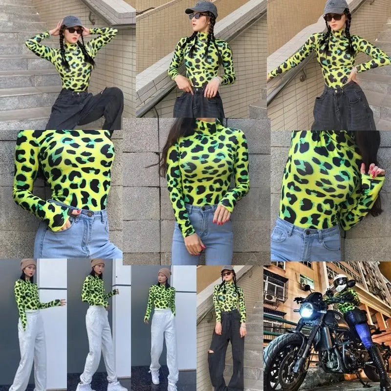 Women Long Sleeve Leopard Skin Prinetd Bodysuit Sexy Neon Green Streetwear Jumpsuit nowadaysfashion