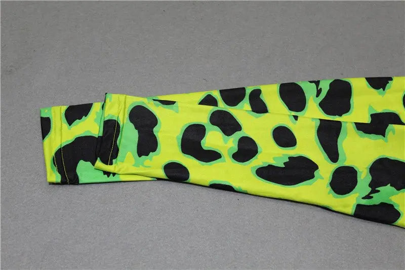 Women Long Sleeve Leopard Skin Prinetd Bodysuit Sexy Neon Green Streetwear Jumpsuit - Blade & Thread