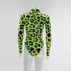 Women Long Sleeve Leopard Skin Prinetd Bodysuit Sexy Neon Green Streetwear Jumpsuit nowadaysfashion