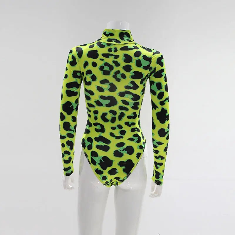 Women Long Sleeve Leopard Skin Prinetd Bodysuit Sexy Neon Green Streetwear Jumpsuit nowadaysfashion