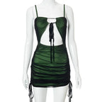 Women Mesh Bodycon Mini Green Dress Spaghetti Strap Lace Up Ruched Slim nowadaysfashion