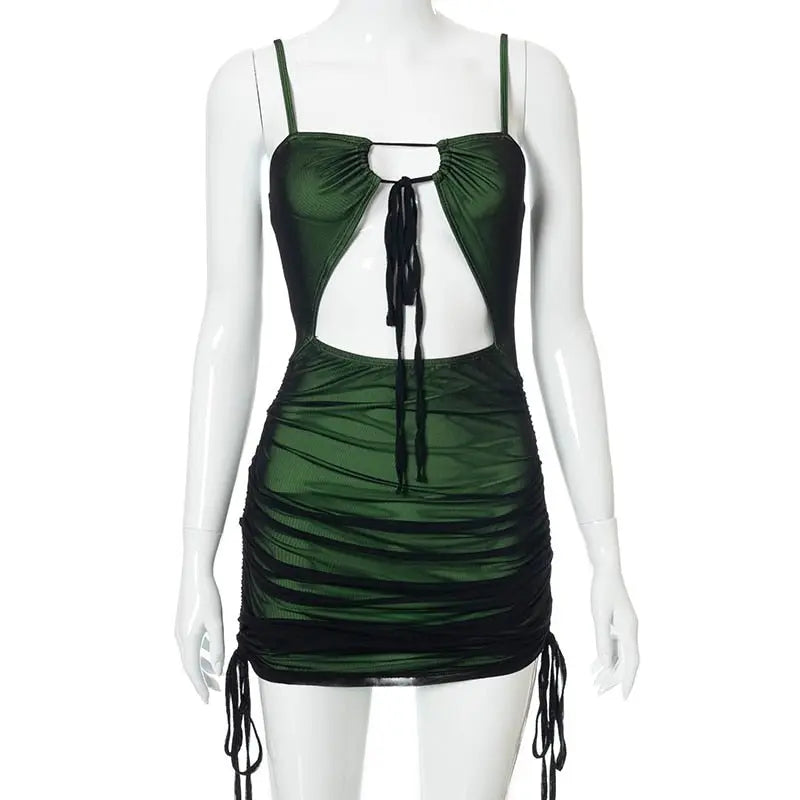 Women Mesh Bodycon Mini Green Dress Spaghetti Strap Lace Up Ruched Slim - Blade & Thread