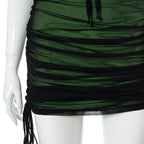 Women Mesh Bodycon Mini Green Dress Spaghetti Strap Lace Up Ruched Slim nowadaysfashion