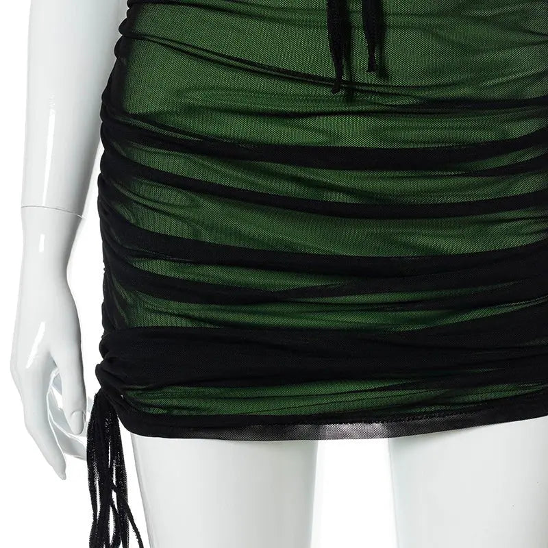 Women Mesh Bodycon Mini Green Dress Spaghetti Strap Lace Up Ruched Slim nowadaysfashion