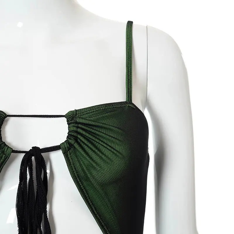 Women Mesh Bodycon Mini Green Dress Spaghetti Strap Lace Up Ruched Slim - Blade & Thread