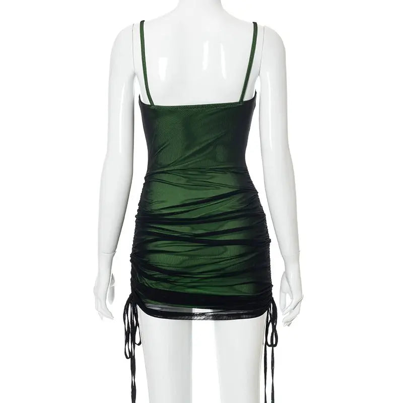 Women Mesh Bodycon Mini Green Dress Spaghetti Strap Lace Up Ruched Slim - Blade & Thread