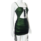 Women Mesh Bodycon Mini Green Dress Spaghetti Strap Lace Up Ruched Slim nowadaysfashion