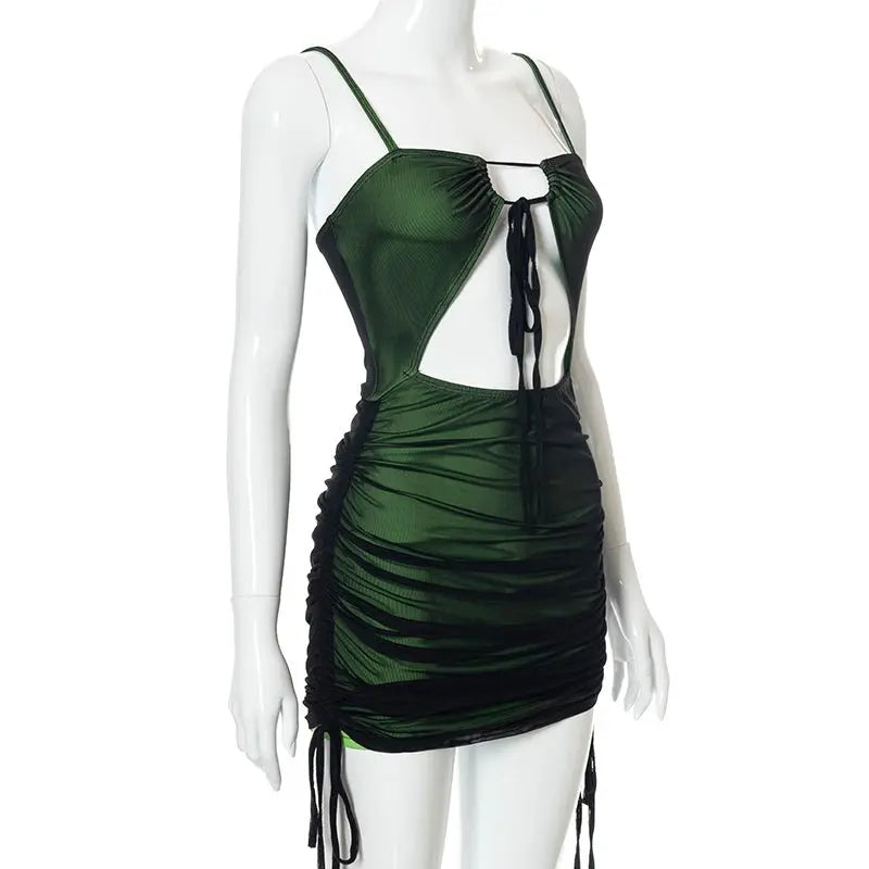 Women Mesh Bodycon Mini Green Dress Spaghetti Strap Lace Up Ruched Slim - Blade & Thread