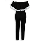 Women Off Shoulder Colorblock Ruffles Bodycon Skinny Streetwear Slim Fit Black Jumpsuits nowadaysfashion