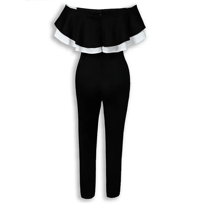 Women Off Shoulder Colorblock Ruffles Bodycon Skinny Streetwear Slim Fit Black Jumpsuits - Blade & Thread