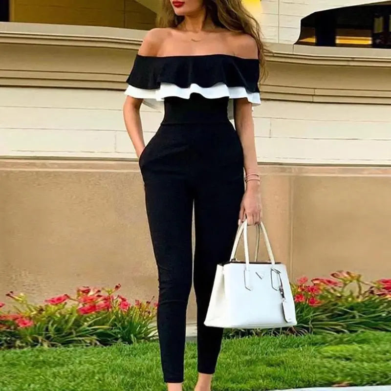 Women Off Shoulder Colorblock Ruffles Bodycon Skinny Streetwear Slim Fit Black Jumpsuits - Blade & Thread