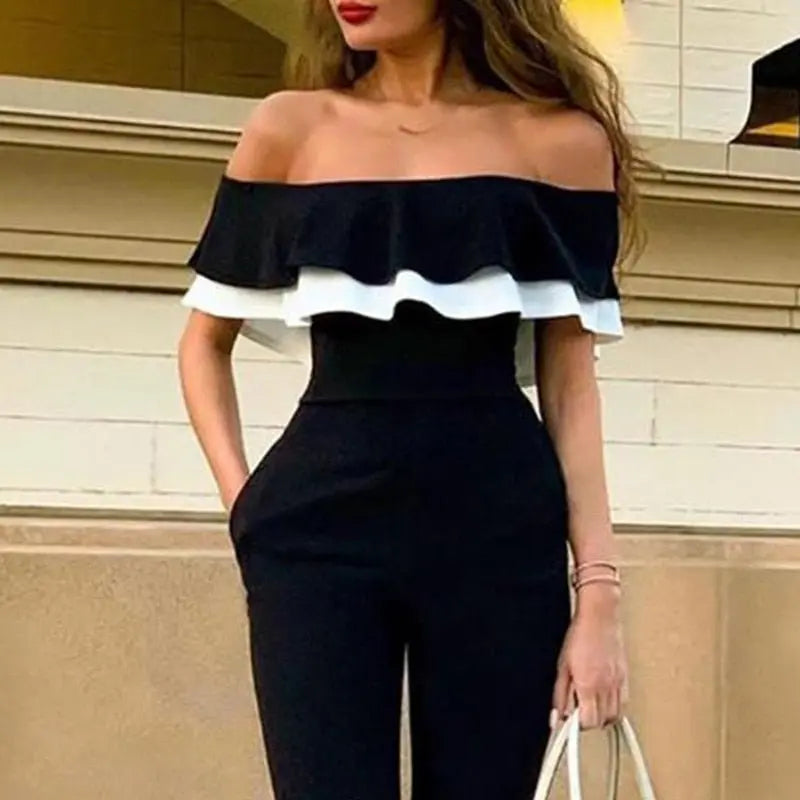 Women Off Shoulder Colorblock Ruffles Bodycon Skinny Streetwear Slim Fit Black Jumpsuits nowadaysfashion