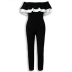 Women Off Shoulder Colorblock Ruffles Bodycon Skinny Streetwear Slim Fit Black Jumpsuits nowadaysfashion