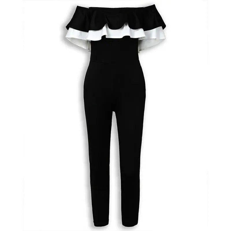 Women Off Shoulder Colorblock Ruffles Bodycon Skinny Streetwear Slim Fit Black Jumpsuits nowadaysfashion