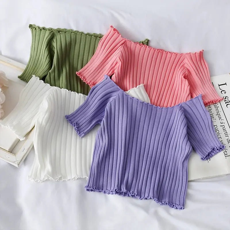 Women Off Shoulder T-shirts Knitted Ruffles Hem Crop Tops Short Sleeve T-shirts nowadaysfashion