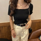 Women Off Shoulder T-shirts Knitted Ruffles Hem Crop Tops Short Sleeve T-shirts nowadaysfashion