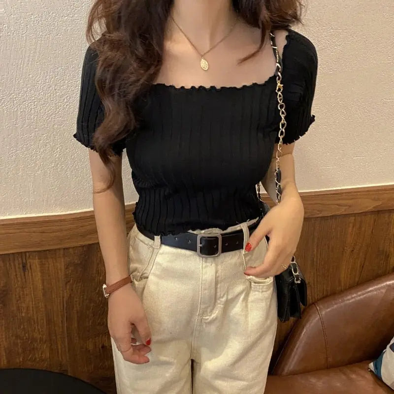 Women Off Shoulder T-shirts Knitted Ruffles Hem Crop Tops Short Sleeve T-shirts - Blade & Thread