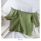 Women Off Shoulder T-shirts Knitted Ruffles Hem Crop Tops Short Sleeve T-shirts nowadaysfashion