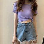 Women Off Shoulder T-shirts Knitted Ruffles Hem Crop Tops Short Sleeve T-shirts nowadaysfashion