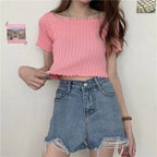 Women Off Shoulder T-shirts Knitted Ruffles Hem Crop Tops Short Sleeve T-shirts nowadaysfashion