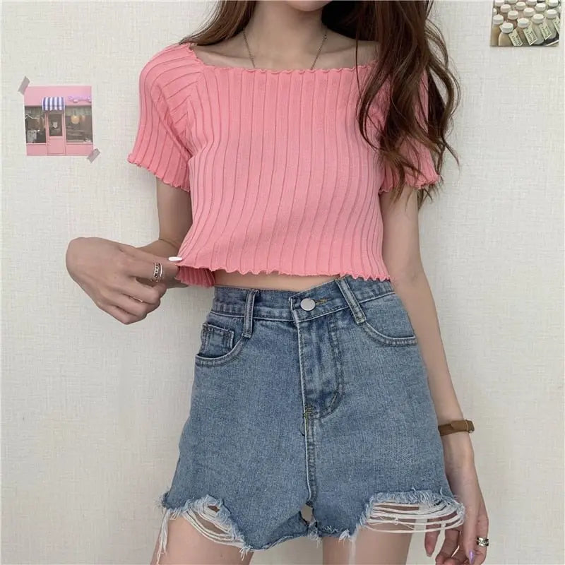 Women Off Shoulder T-shirts Knitted Ruffles Hem Crop Tops Short Sleeve T-shirts nowadaysfashion