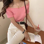 Women Off Shoulder T-shirts Knitted Ruffles Hem Crop Tops Short Sleeve T-shirts nowadaysfashion