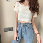 Women Off Shoulder T-shirts Knitted Ruffles Hem Crop Tops Short Sleeve T-shirts nowadaysfashion