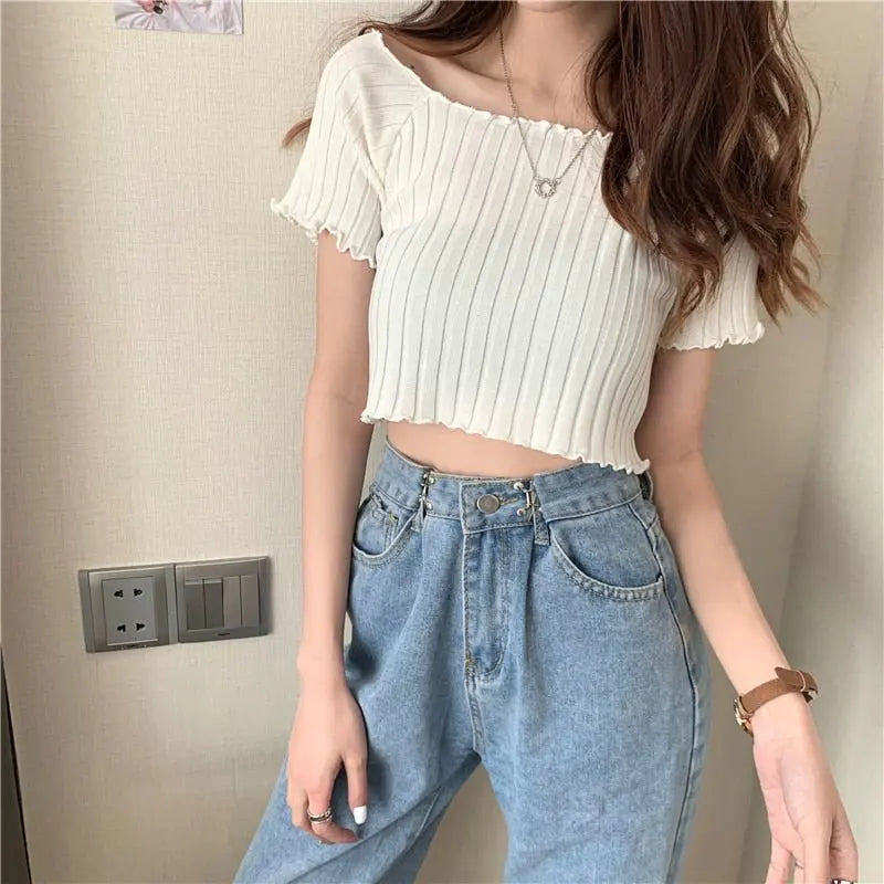 Women Off Shoulder T-shirts Knitted Ruffles Hem Crop Tops Short Sleeve T-shirts nowadaysfashion