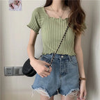 Women Off Shoulder T-shirts Knitted Ruffles Hem Crop Tops Short Sleeve T-shirts nowadaysfashion