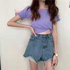 Women Off Shoulder T-shirts Knitted Ruffles Hem Crop Tops Short Sleeve T-shirts nowadaysfashion