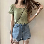 Women Off Shoulder T-shirts Knitted Ruffles Hem Crop Tops Short Sleeve T-shirts nowadaysfashion